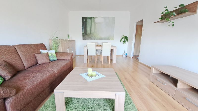 Wohnzimmer in einer 2-Zimmer-Wohnung mit braunem Sofa und Boden in Holzoptik.