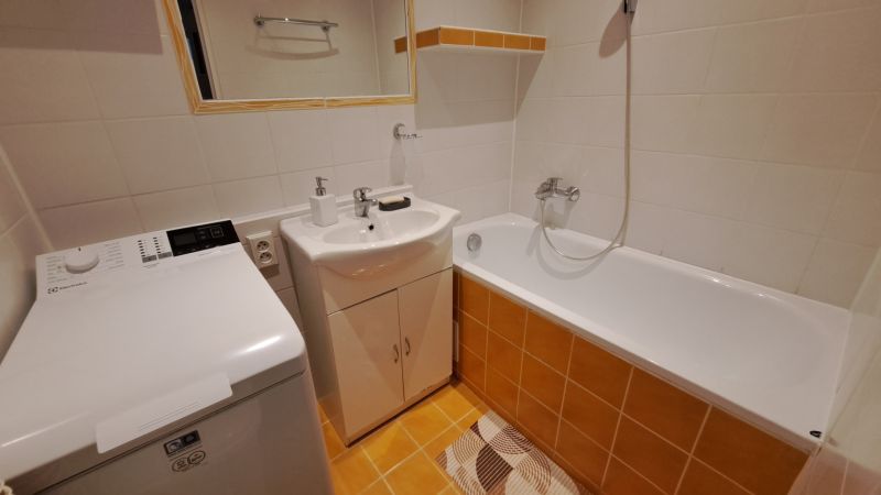 Badezimmer in einer 2-Zimmer-Wohnung mit Dusche, Waschmaschine und Waschbecken.