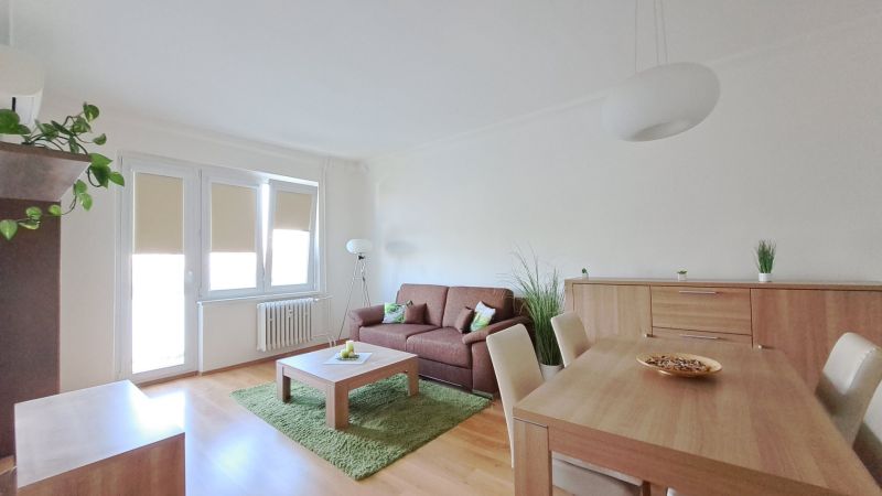 Wohnzimmer einer Zweizimmerwohnung mit einem Sofa und einem Boden in Holzoptik.