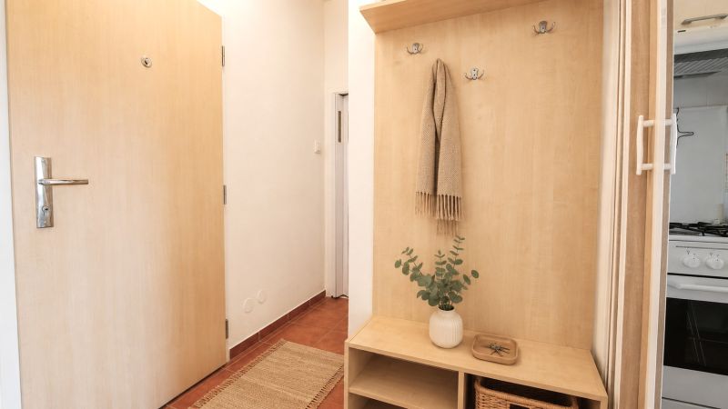 Eingangsflur mit Garderobenwand, Pflanze und Küchenzeile in einer 2-Zimmer-Wohnung.
