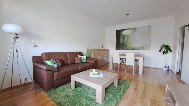 Wohnzimmer mit Sofa und Esstisch in einer 2-Zimmer-Wohnung, Boden mit Holzdekor.