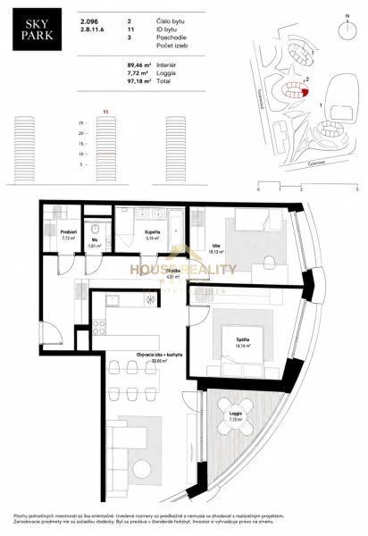 Grundriss einer 3-Zimmer-Wohnung mit Loggia in der Továrenská-Straße im Sky Park-Projekt.