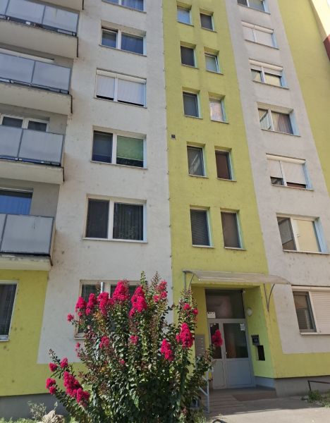 Wohnhaus an der SNP in Nové Zámky mit blühenden Sträuchern vor dem Eingang.