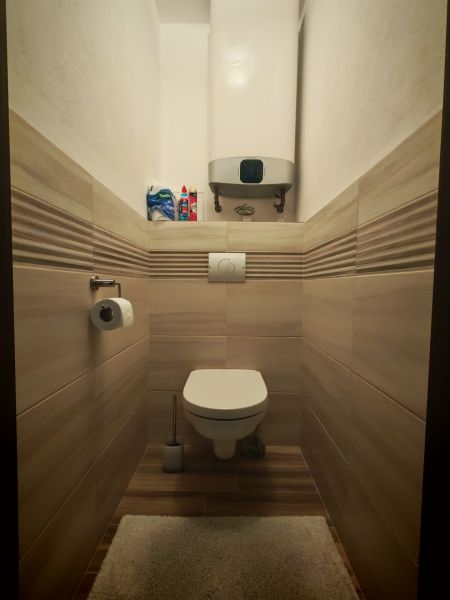 Badezimmer in einer 2-Zimmer-Wohnung mit Toilette, gefliest mit Wänden und Boden in Holzoptik.