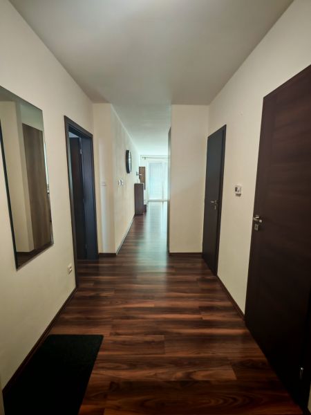 Ein Flur mit Holzboden in einer Zweizimmerwohnung mit Spiegel und Türen.