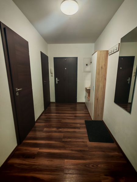 Eingangsbereich einer Zweizimmerwohnung mit Holzboden und Garderobe.