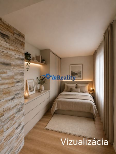 Schlafzimmer in einem Einfamilienhaus mit Holzboden, sanften Naturtönen und Steinverkleidung.
