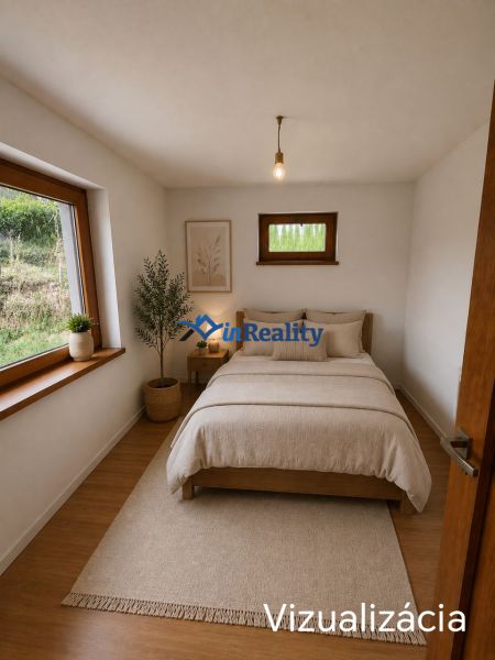 Schlafzimmer in einem Einfamilienhaus mit Bett, Wandzeichnung und Boden in Holzoptik.