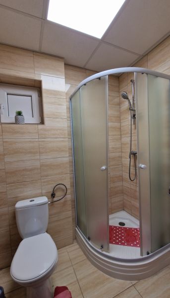 Badezimmer im Einfamilienhaus mit Toilette und Dusche in Holzoptik.