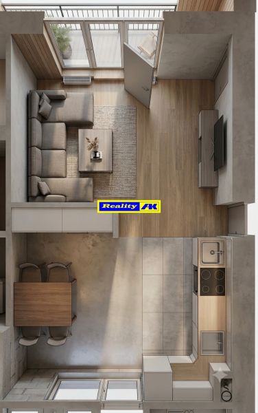 Blick von oben auf das Wohnzimmer mit einem Holzboden in einer 4-Zimmer-Wohnung.