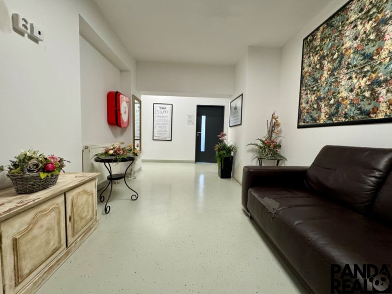 Empfangsbereich in Geschäftsräumen mit dunklem Sofa und Blumendekorationen.