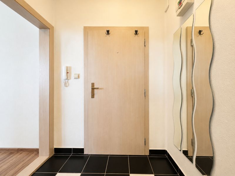 Eingangsbereich in einer Einzimmerwohnung mit schwarzem Boden und welligem Spiegel.