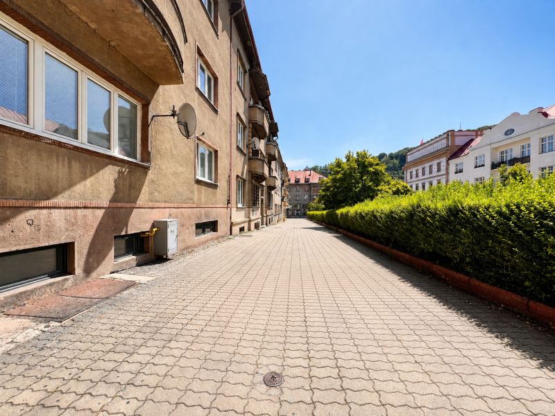 Stadtstraße mit Wohnhäusern und gepflegtem Gehweg.