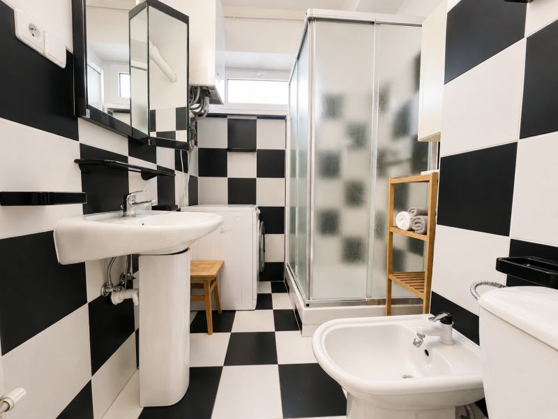 Schwarz-weißes Badezimmer mit Dusche und Waschmaschine in einer Einzimmerwohnung.