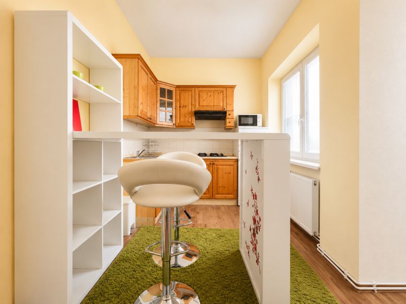 Küche mit Holzdekor in einer Einzimmerwohnung, Bartresen und grünem Teppich.