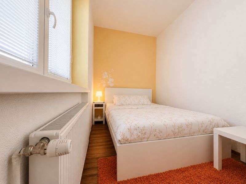 Schlafzimmer in einer Einzimmerwohnung mit Holzdekorboden und orangem Teppich.