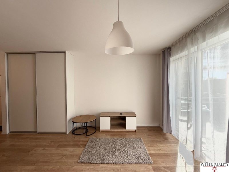 Wohnzimmer mit Holzboden und großen Fenstern in einer Zweizimmerwohnung.