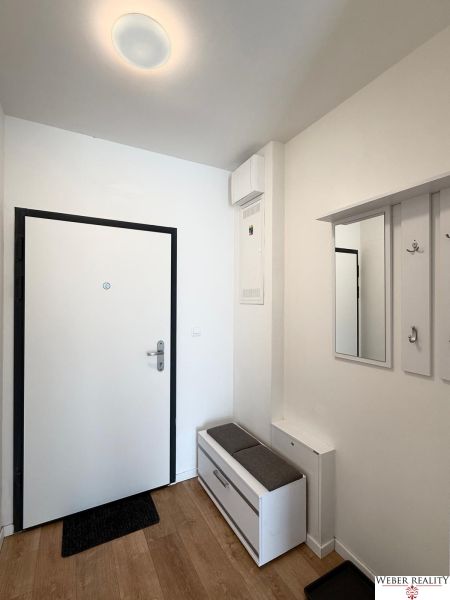 Eingangsflur mit weißen Türen, Spiegel und Boden in Holzoptik.