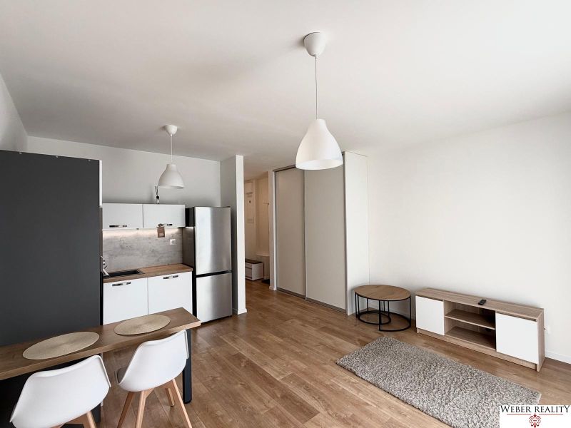 Wohnzimmer mit Küche, Esstisch und Holzboden in einer 2-Zimmer-Wohnung.
