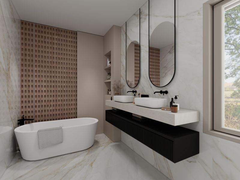 Badezimmer im Einfamilienhaus mit Badewanne, großen Spiegeln und Waschbeckenarmaturen.