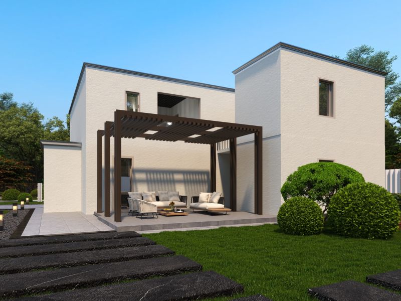 Ein Einfamilienhaus in Holice mit Garten und Pergola auf der Terrasse.