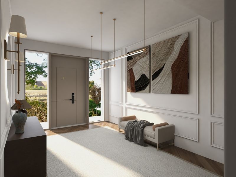 Innenraum eines Einfamilienhauses mit Diele, Kunst an der Wand und Boden mit Holzdekor.