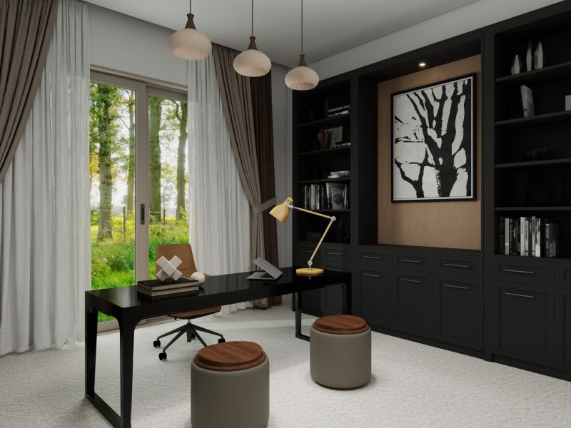 Ein Interieur eines Einfamilienhauses mit einem Arbeitszimmer, einem Schreibtisch und einem großen Fenster mit Aussicht.