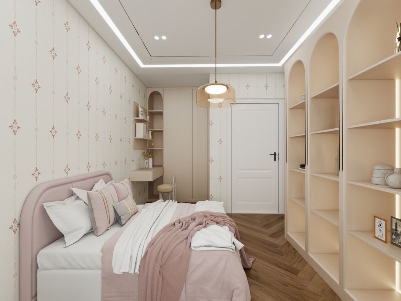 Schlafzimmer im Einfamilienhaus mit Bett, Regalen und Boden mit Holzdekor.