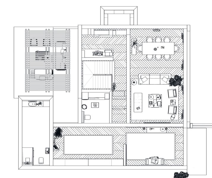 Grundriss eines Einfamilienhauses mit Holzboden und verschiedenen Wohnräumen.