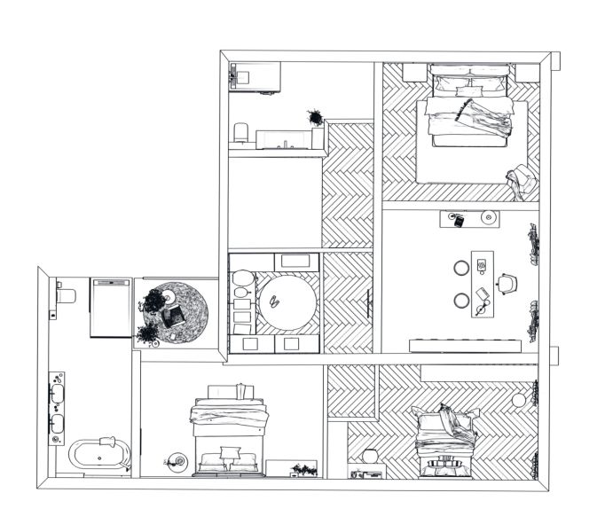 Der Grundriss des Einfamilienhauses zeigt drei Schlafzimmer, ein Badezimmer und eine Küche. Der Boden hat ein Holzdekor.