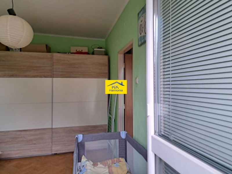 Ein Zimmer in einer 2-Zimmer-Wohnung mit einem großen Schrank, Holzelementen und grünen Wänden.