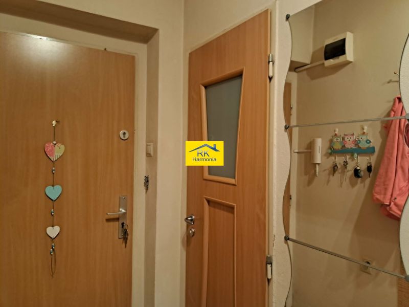 Eingangshalle einer 2-Zimmer-Wohnung mit Dekoration an der Tür und einem Spiegel an der Wand.