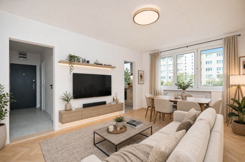 Wohnzimmer in einer 3-Zimmer-Wohnung mit Holzboden und hellen Möbeln.