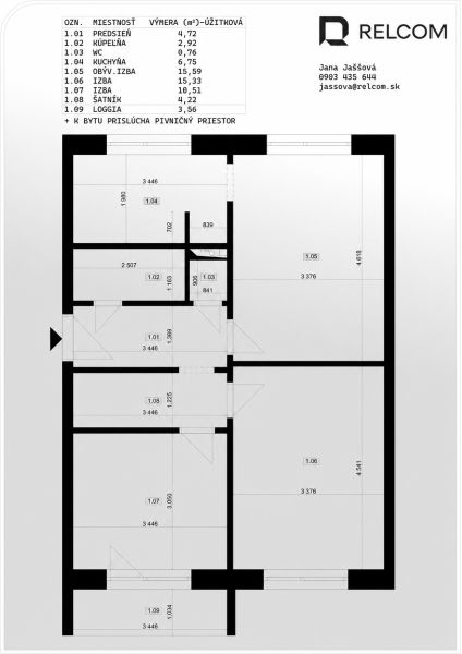 Grundriss einer 3-Zimmer-Wohnung mit Flur, Badezimmer, WC, Küche, Wohnzimmer, Zimmern und Loggia.