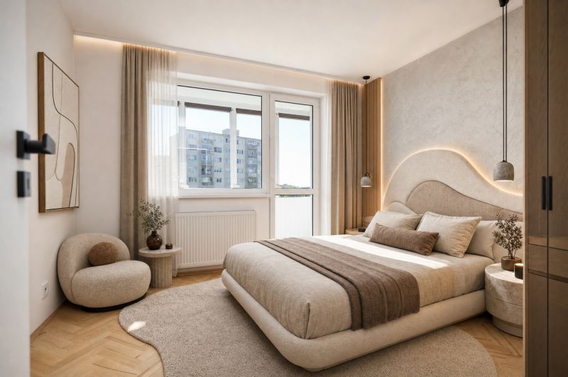 Schlafzimmer in einer 3-Zimmer-Wohnung mit Holzboden, beigen Möbeln und einem großen Fenster.