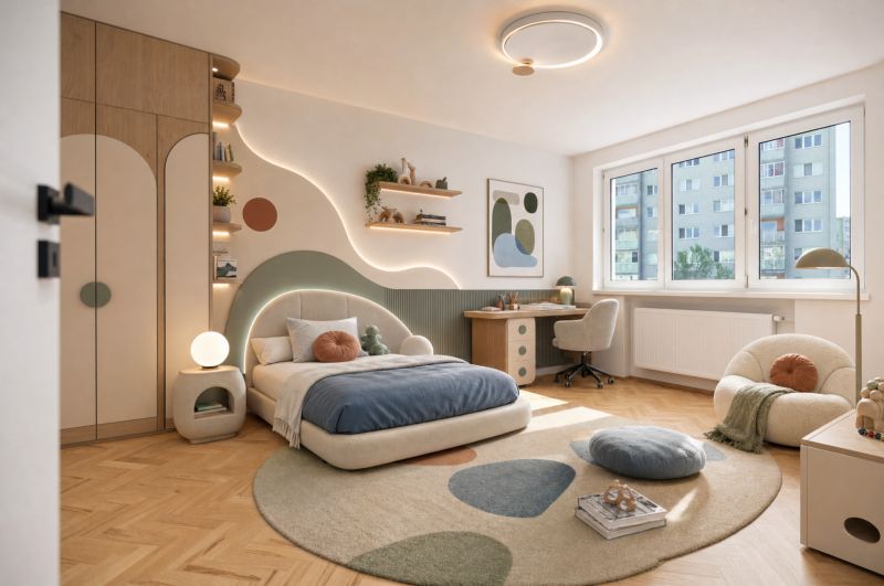 Kinderzimmer mit hellen Farben, Holzboden und rundem Teppich in einer 3-Zimmer-Wohnung.