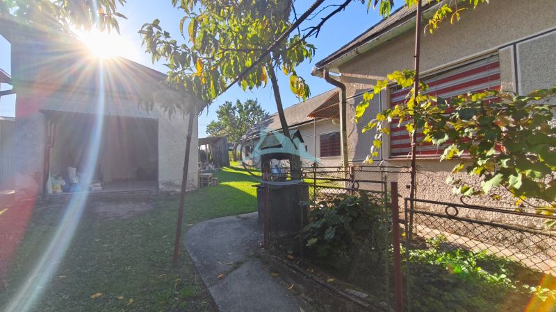 Ein Garten mit einem Einfamilienhaus in Čebovce, Umzäunung, Grünflächen, Gebäude im Hintergrund, sonniger Tag.