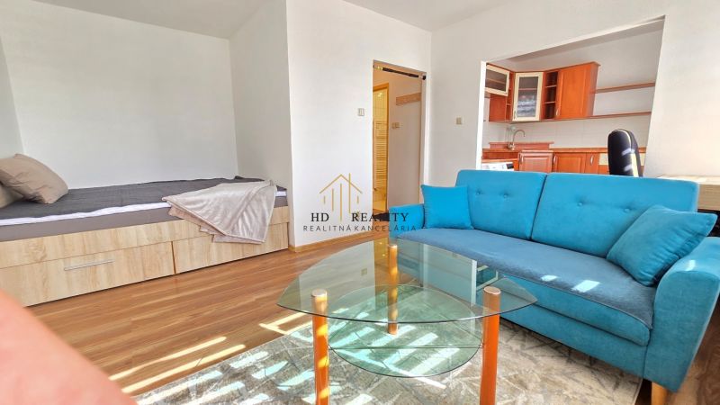 Ein Zimmer mit einem Holzboden, einem blauen Sofa und einer Kochnische.