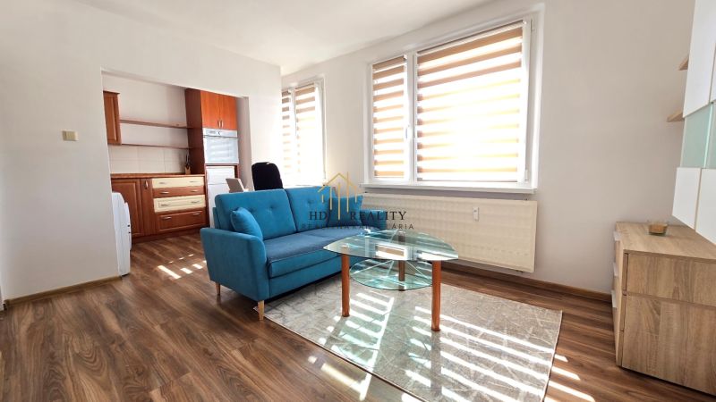 Helle 1-Zimmer-Wohnung mit blauem Sofa, Glastisch und Boden in Holzoptik.