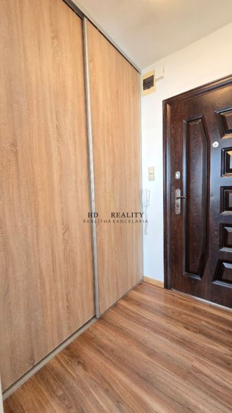 Eingangsbereich in einer Einzimmerwohnung mit Holzboden und Einbauschrank.