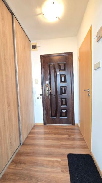 Eingangsbereich in einer Einzimmerwohnung mit Holzboden und einem Schrank.