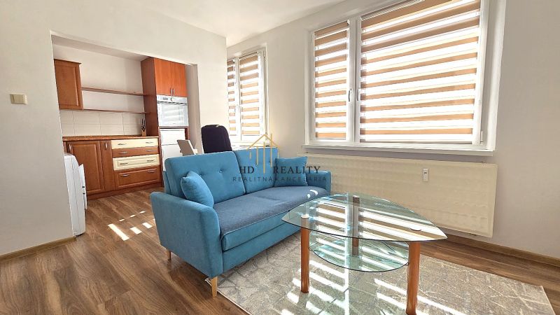 Einzimmerwohnung mit Sofa, Glastisch und Küche, Boden mit Holzdekor.