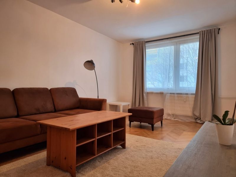 Wohnzimmer in einer 2-Zimmer-Wohnung mit Holzboden, braunem Sofa und Couchtisch.