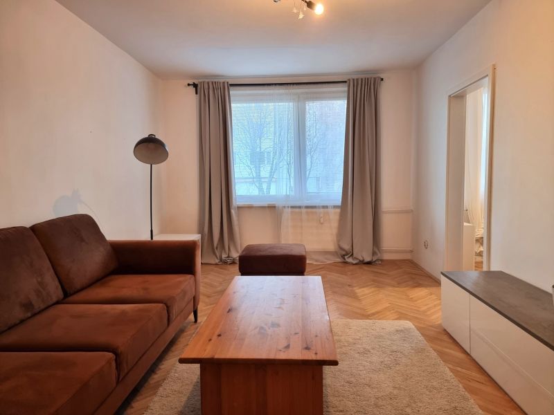 Wohnzimmer in einer Zweizimmerwohnung mit Sofa, Tisch und Boden in Holzoptik.
