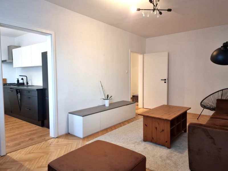 Wohnzimmer in einer 2-Zimmer-Wohnung mit Holzboden, mit Blick in die Küche.