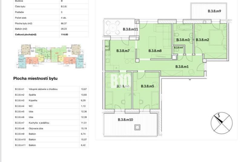 Grundriss einer 4-Zimmer-Wohnung mit Raumaufteilung und Flächenangaben in Quadratmetern.