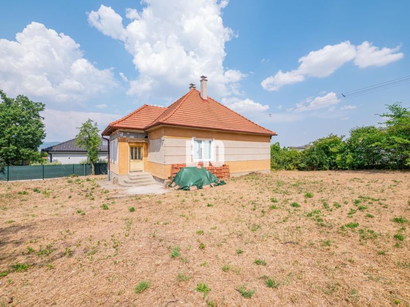 Ein Einfamilienhaus in Nitra mit rotem Dach, umgeben von einem großen Hof und viel Grün.