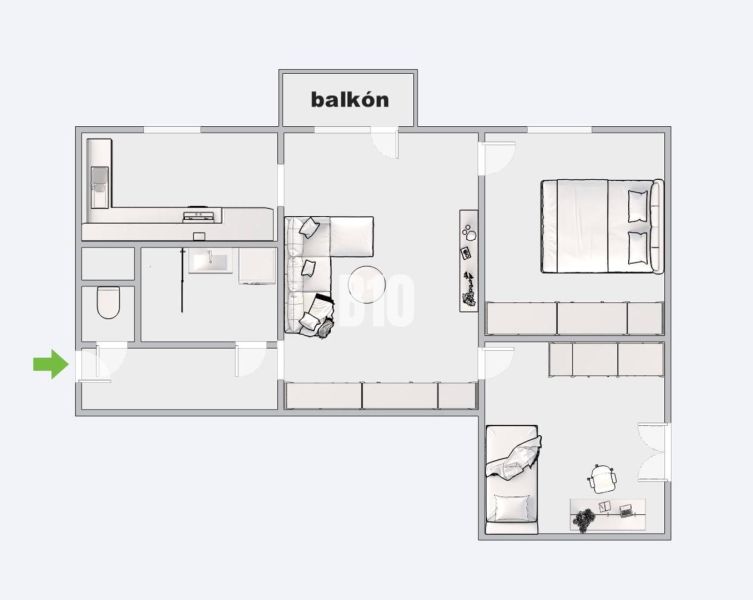 Grundriss einer 3-Zimmer-Wohnung mit Schlafzimmer, Wohnzimmer, Küche und Balkon.