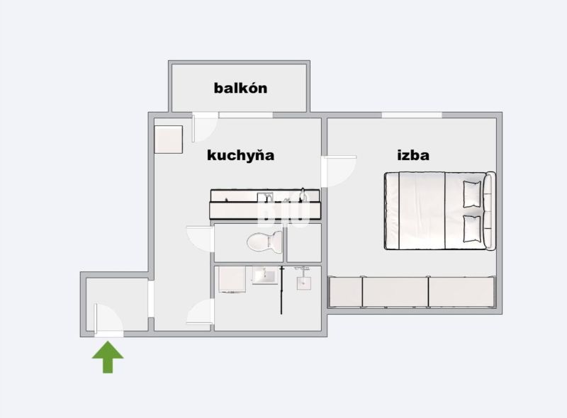 Grundriss einer 1-Zimmer-Wohnung mit Balkon und Küche.