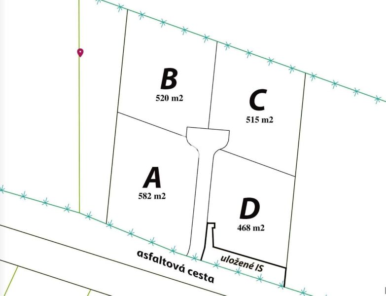 Baugrundstücke in Nové Sady: vier Parzellen (A, B, C, D) an einer Asphaltstraße.